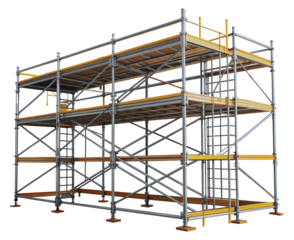 Four-level scaffolding platform with ladder and safety railings, cut out - stock png.