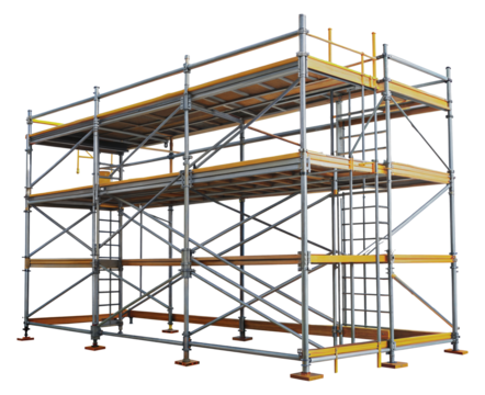 Four-level scaffolding platform with ladder and safety railings, cut out - stock png.