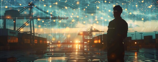 Fototapeta premium Silhouette of a man standing in a city with a starry sky.