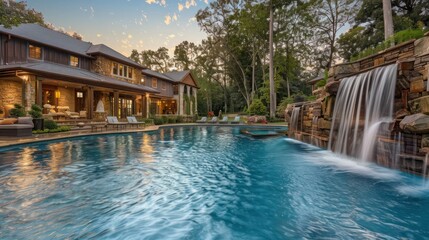 Obraz premium luxurious suburban farmhouse with a large outdoor pool, featuring a waterfall and a poolside cabana