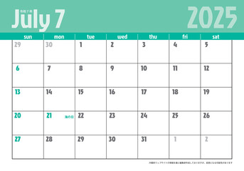 日曜始まりポップなデザインの卓上カレンダー令和6年2025年7月　カレンダー素材イラスト　テンプレートデータ