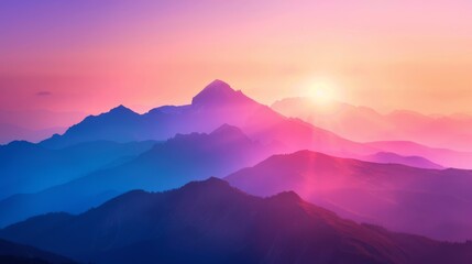 A vibrant sunrise paints the sky over a majestic mountain range.  The peaks are bathed in a warm glow, with soft, hazy clouds creating a dreamlike atmosphere.
