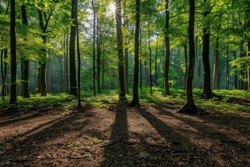 Fototapeta premium Sunlight filtering through leaves in a tranquil forest.