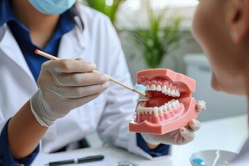 A dentist educating a patient about oral hygiene.