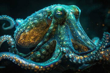 Bioluminescent squid tentacles emerging from the deep ocean.