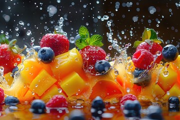 A colorful collision of fruit juices in mid-air.