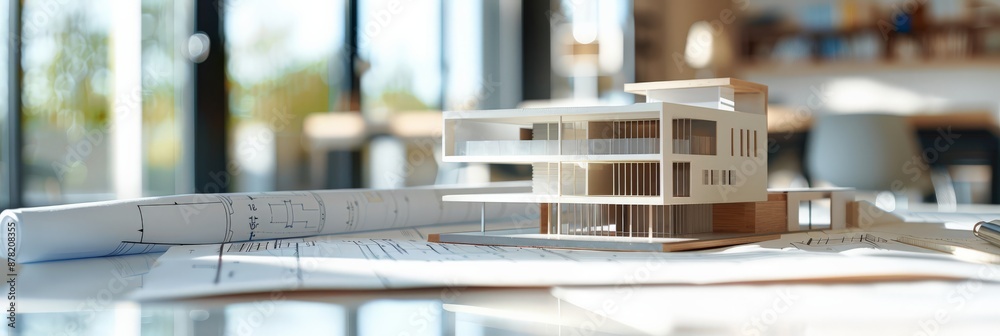 Poster architectural model of a building with blueprints on a desk in a modern office. urban development an