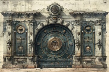 A vintage illustration of a bank vault door.