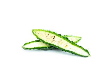Bitter gourd fruit with cut in half isolated on white background, Organic vegetable, Herbal plant, Food ingredient