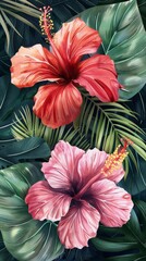 Fototapeta premium Exotic watercolor flowers seamless pattern, highlighting orchids and hibiscus with vibrant tropical colors and intricate details