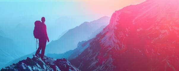 Silhouette of a hiker on a mountaintop with a colorful sky.