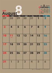 日曜始まり壁掛けカレンダー令和6年 2025年8月　カレンダー素材イラスト　クラフト紙　テンプレートデータ