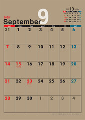 日曜始まり壁掛けカレンダー令和6年 2025年9月　カレンダー素材イラスト　クラフト紙　テンプレートデータ