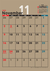 日曜始まり壁掛けカレンダー令和6年 2025年11月　カレンダー素材イラスト　クラフト紙　テンプレートデータ