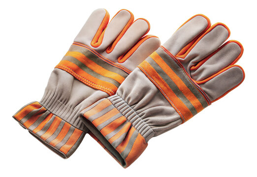 Pair of orange and grey work gloves with reflective stripes, cut out - stock png.