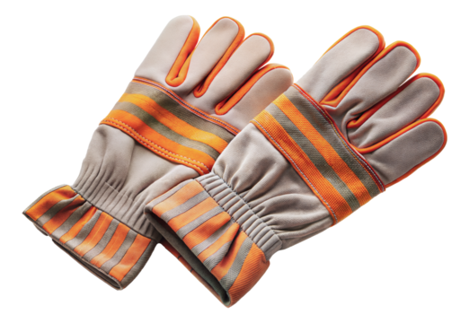 Pair of orange and grey work gloves with reflective stripes, cut out - stock png.