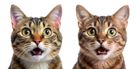 Set of surprised cats on transparent background. Concept of cute and surprised animals.