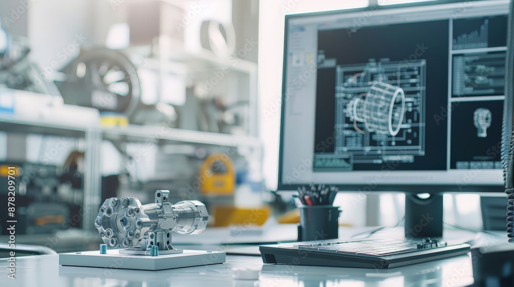 Aufkleber 3D rendering of mechanical component on computer screen in an engineering lab. Detailed technical drawing for industrial development.