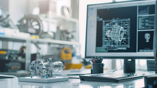 3D rendering of mechanical component on computer screen in an engineering lab. Detailed technical drawing for industrial development.