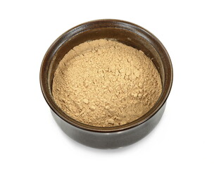 Maca powder in bowl isolated on white background