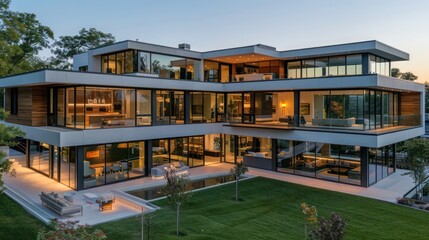 Fototapeta premium modern suburban farmhouse with an emphasis on space, featuring a multi-level design and expansive glass walls