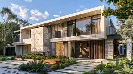 modern suburban farmhouse with an art deco twist, featuring geometric patterns on the facade and a streamlined landscape design