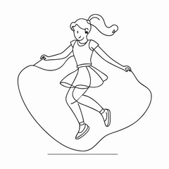 a girl jumping rope, line art vector illustration isolated on a white background 