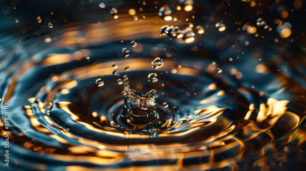 Poster Close-up of perfume droplets splashing into a pool of liquid, creating ripples.
