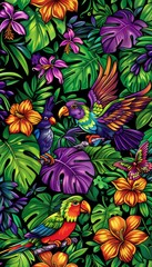 Obraz premium Colorful tropical birds flying through lush jungle canopy with vibrant plumage catching sunlight