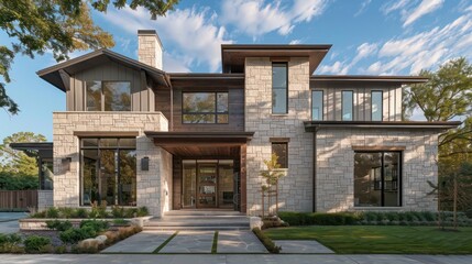 Fototapeta premium modern suburban farmhouse with an emphasis on texture, featuring a facade of rough-hewn stone and weathered wood