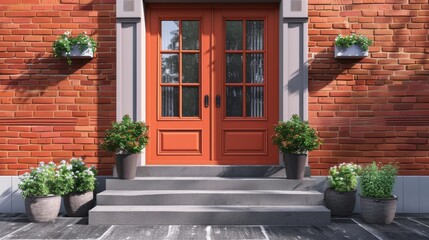 Fototapeta premium Brick House Front Entrance With Double Doors and Plants