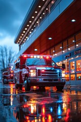 Fototapeta premium A red ambulance parked outside a hospital entrance at dusk, with reflective lights illuminating the wet pavement.