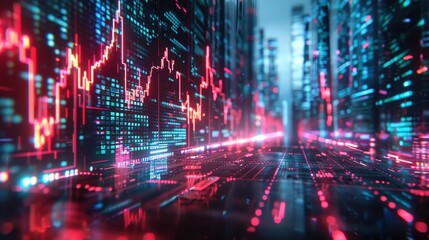 Naklejka premium A vibrant, futuristic digital visualization of financial data with stock market graphs, glowing lights, and a high-tech background.