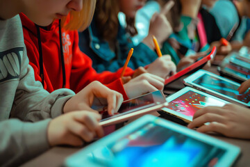 Group of students using tablets in a classroom setting, engaging in interactive learning and educational activities with touch screens.