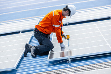 Professional Engineer Service Solar Panel. Worker Installation Replace Solar Panel Module. Solar photovoltaic panel system in Industry roof. Saving Energy with Clean Power.