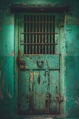 An aged, rusted metal door with peeling turquoise paint in an abandoned building that causes a sense of curiosity and evokes historical nostalgia