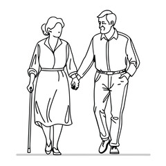 Fototapeta premium a senior couple walking hand in hand. line art vector 