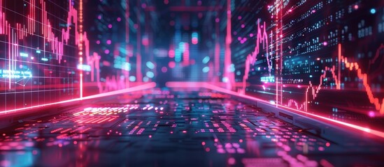 Fototapeta premium A visually striking image of a futuristic data center with neon lights and digital graphs, showcasing advanced technology and big data.