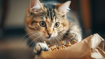 Cute fat cat reaching into a bag of catnip treats with its paw, eager to indulge.
