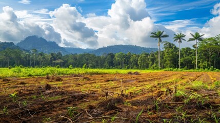 Obraz premium Deforestation in tropical rainforests, with cleared land for agriculture contributing to greenhouse gases.