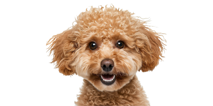 A close-up of a happy Poodle with a curly, light brown coat and big, dark eyes.