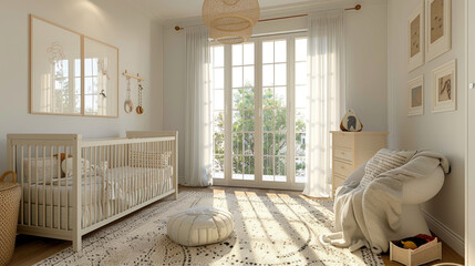 Fototapeta premium Nursery room with a white crib, a rocking chair, and a potted plant. The room is bright and airy, with a lot of natural light coming in through the windows.