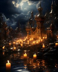 Fantasy landscape with castle and candles in water. 3d illustration