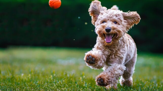 Dog running joyfully across a wide-open grass field, chasing a ball.