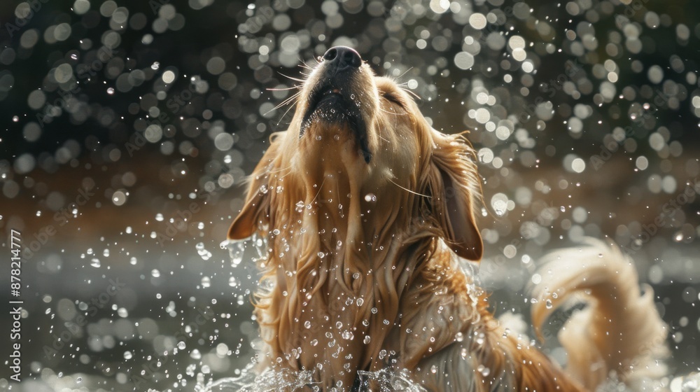 Poster dog shaking off water in mid-air, creating a splash effect with droplets flying everywhere.