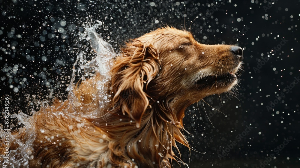 Poster dog shaking off water in mid-air, creating a splash effect with droplets flying everywhere.