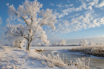 Beautiful winter landscape with frozen river and blue sky
