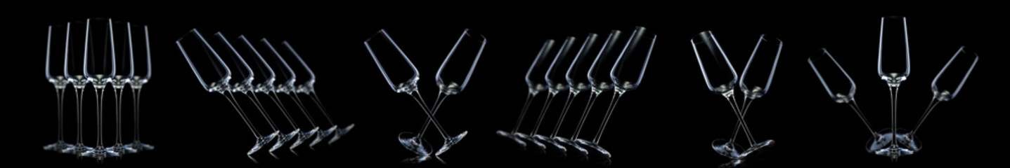 Empty luxury champagne glasses isolated on a black background