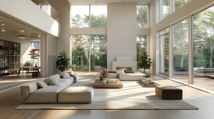 Large, open living room with a fireplace and a large window. The room is filled with furniture, including a couch, a coffee table, and several potted plants. The space has a modern and inviting feel.