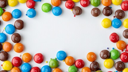 An assortment of colorful candies forming a fun and vibrant frame around a white copy space